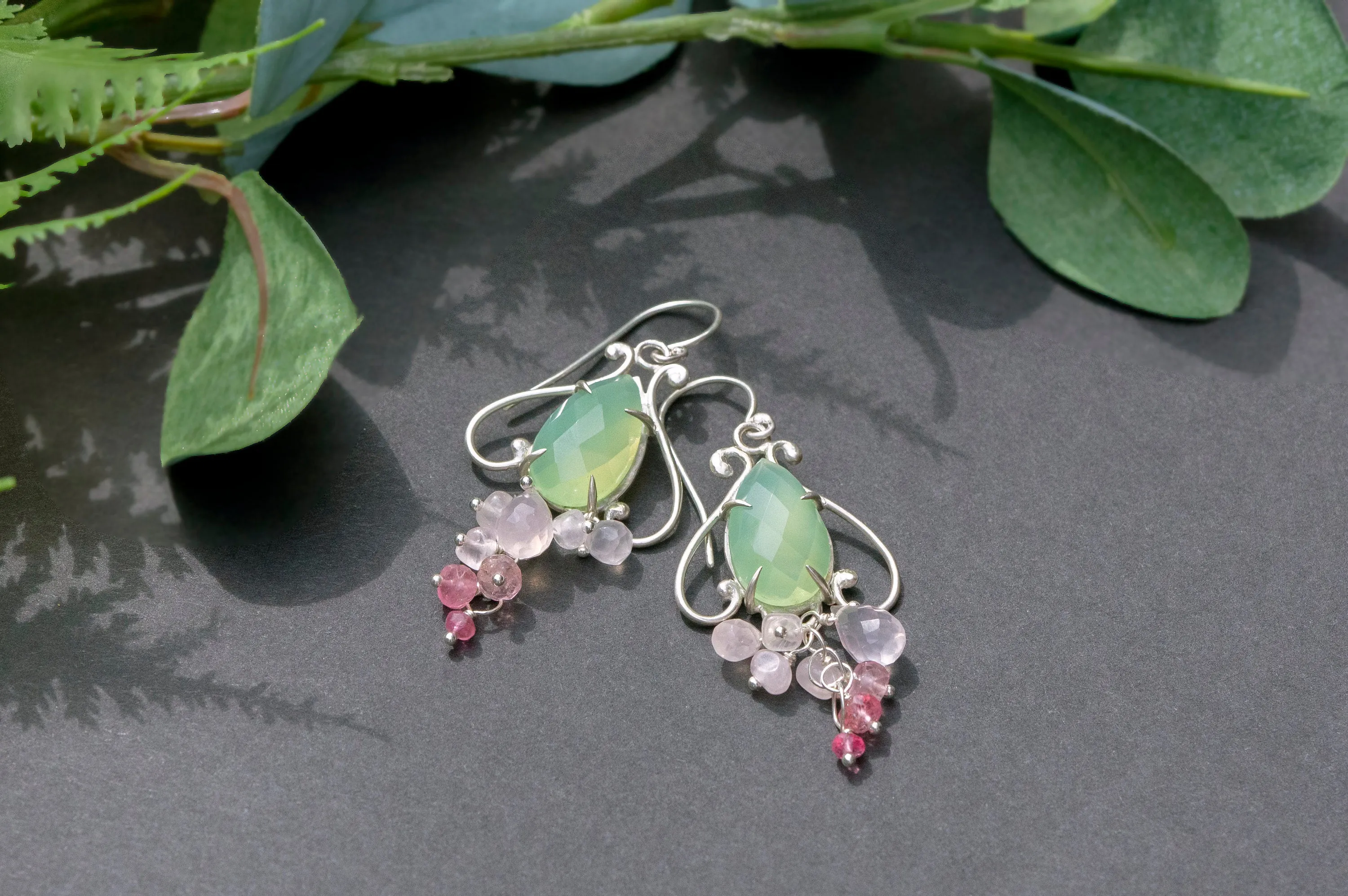 Prehnite chalcedony bell flower dangle earrings