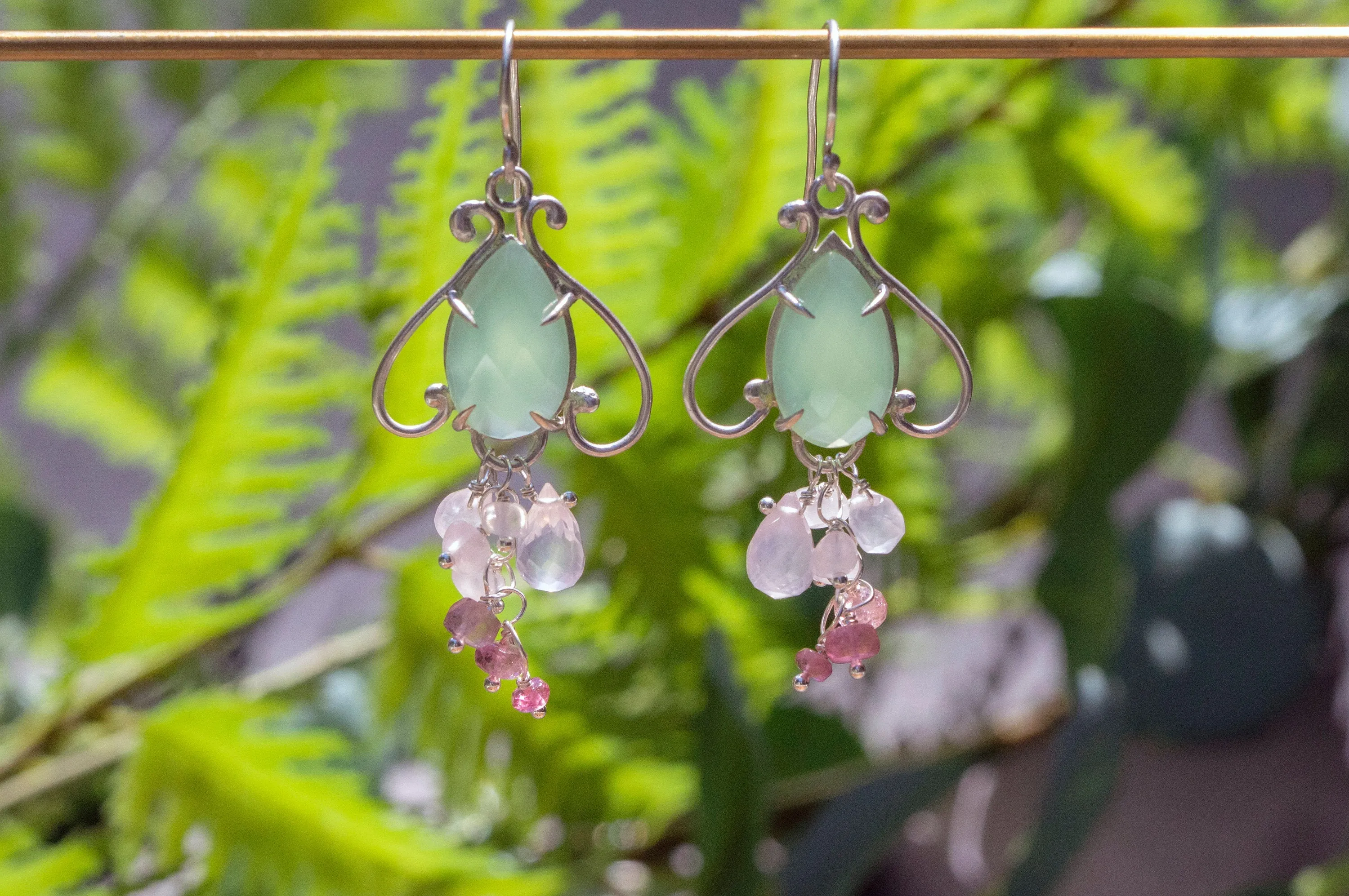 Prehnite chalcedony bell flower dangle earrings
