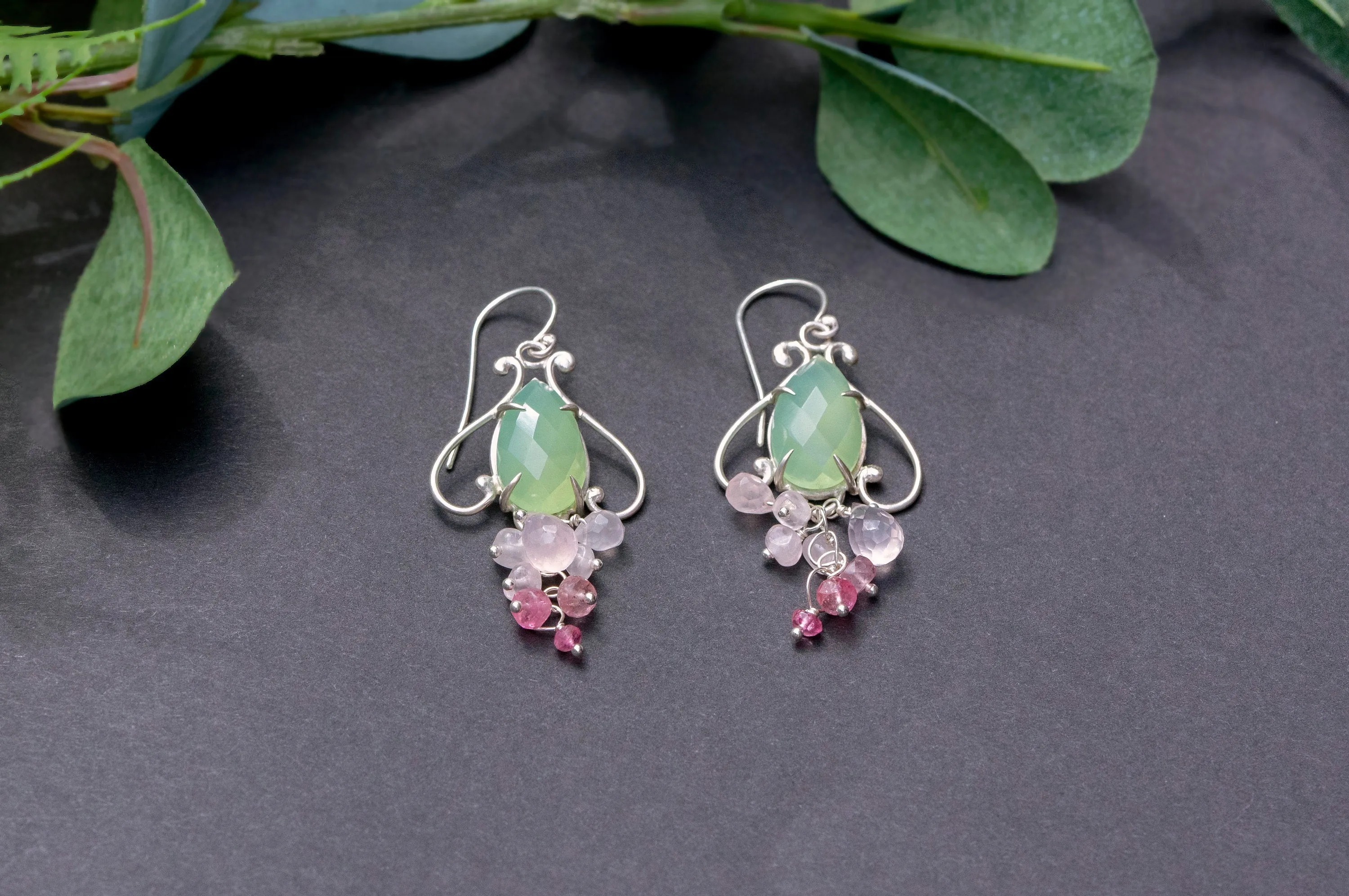 Prehnite chalcedony bell flower dangle earrings