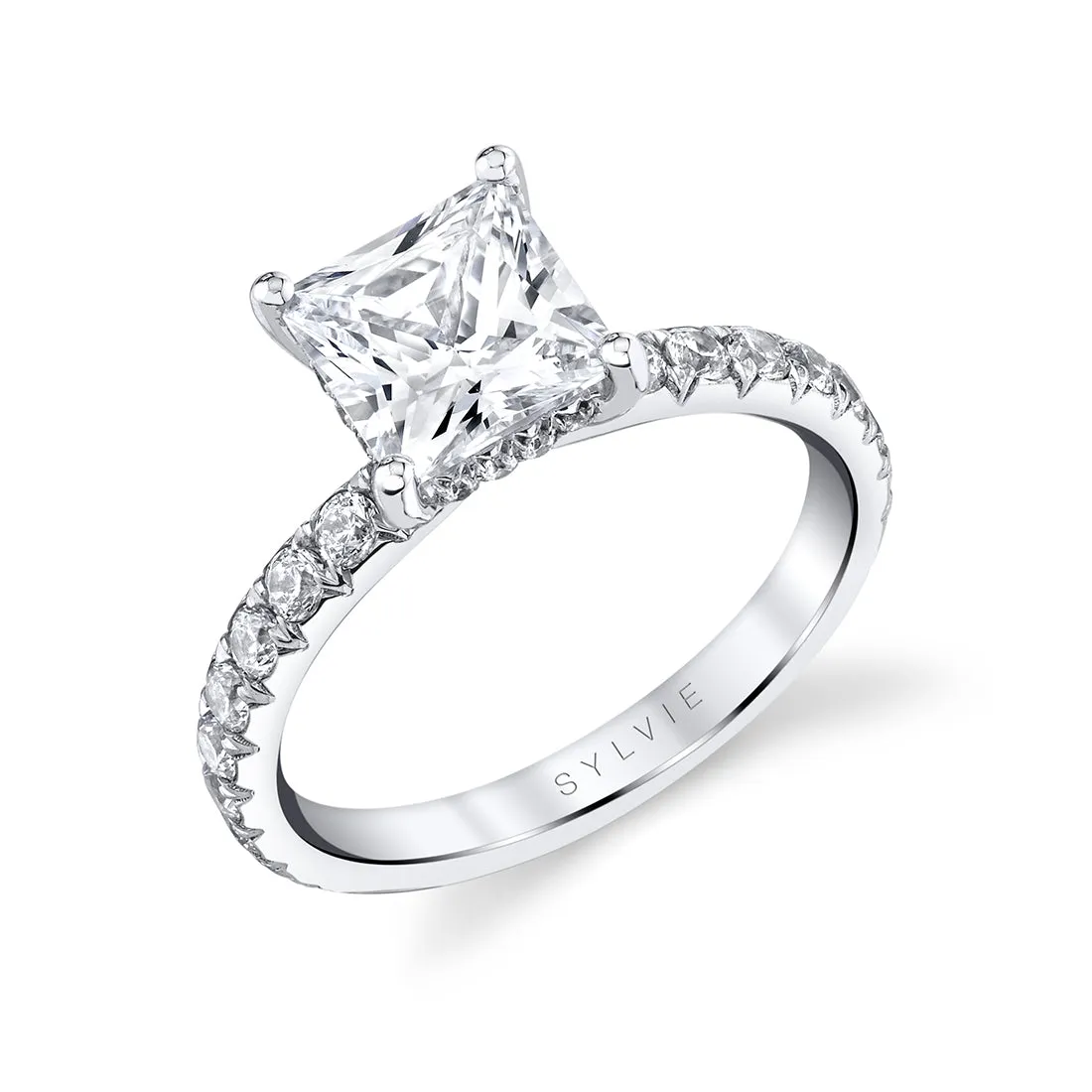 Princess Cut Classic Wide Band Engagement Ring - Malencia 18k Gold White