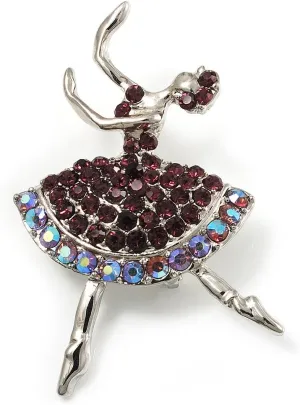 Purple Crystal Ballerina Brooch (Silver Tone)