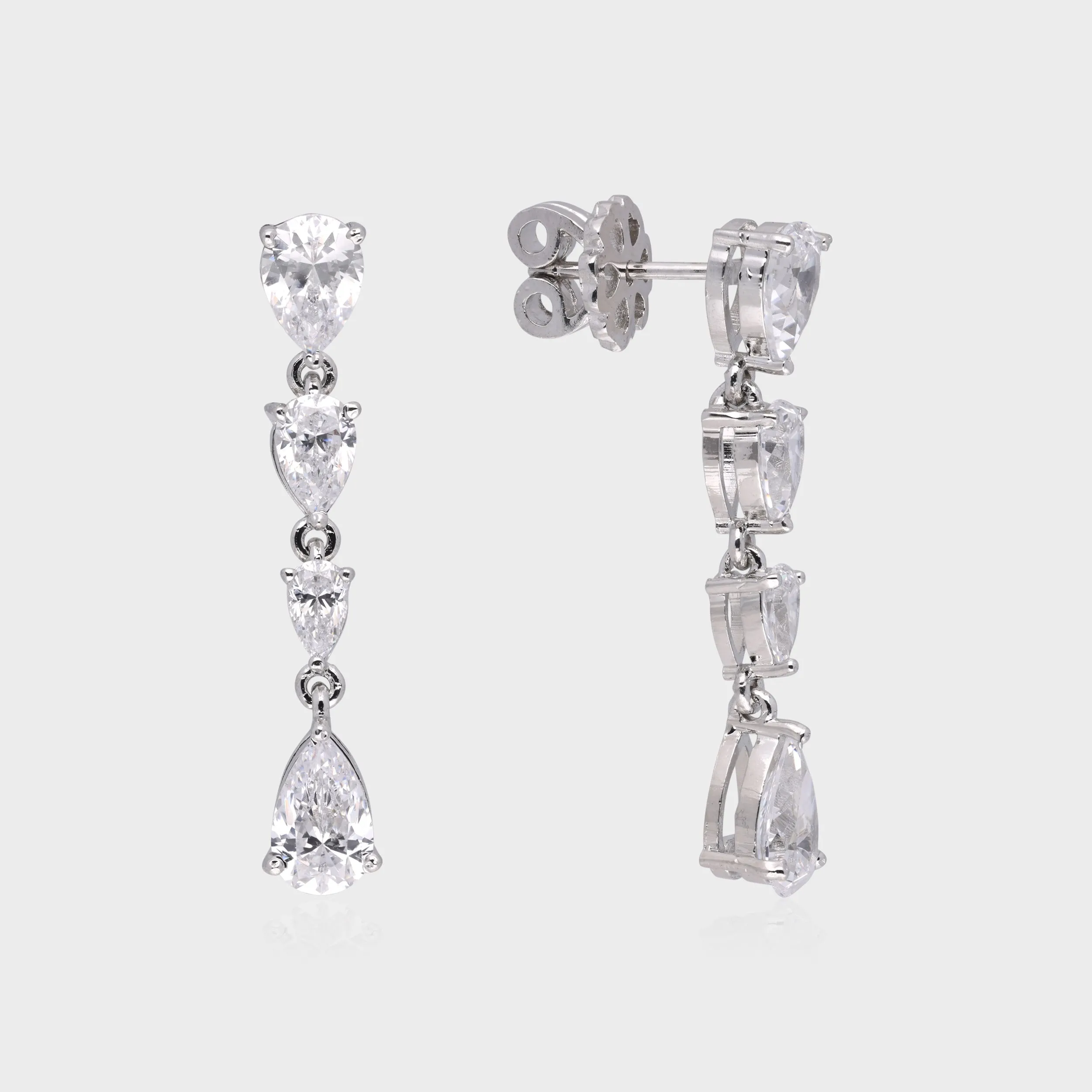 Radiant Cascading Pear-Cut Cubic Zirconia Silver Drop Earrings | SKU : 0003535103, 0021327100, 0021327117