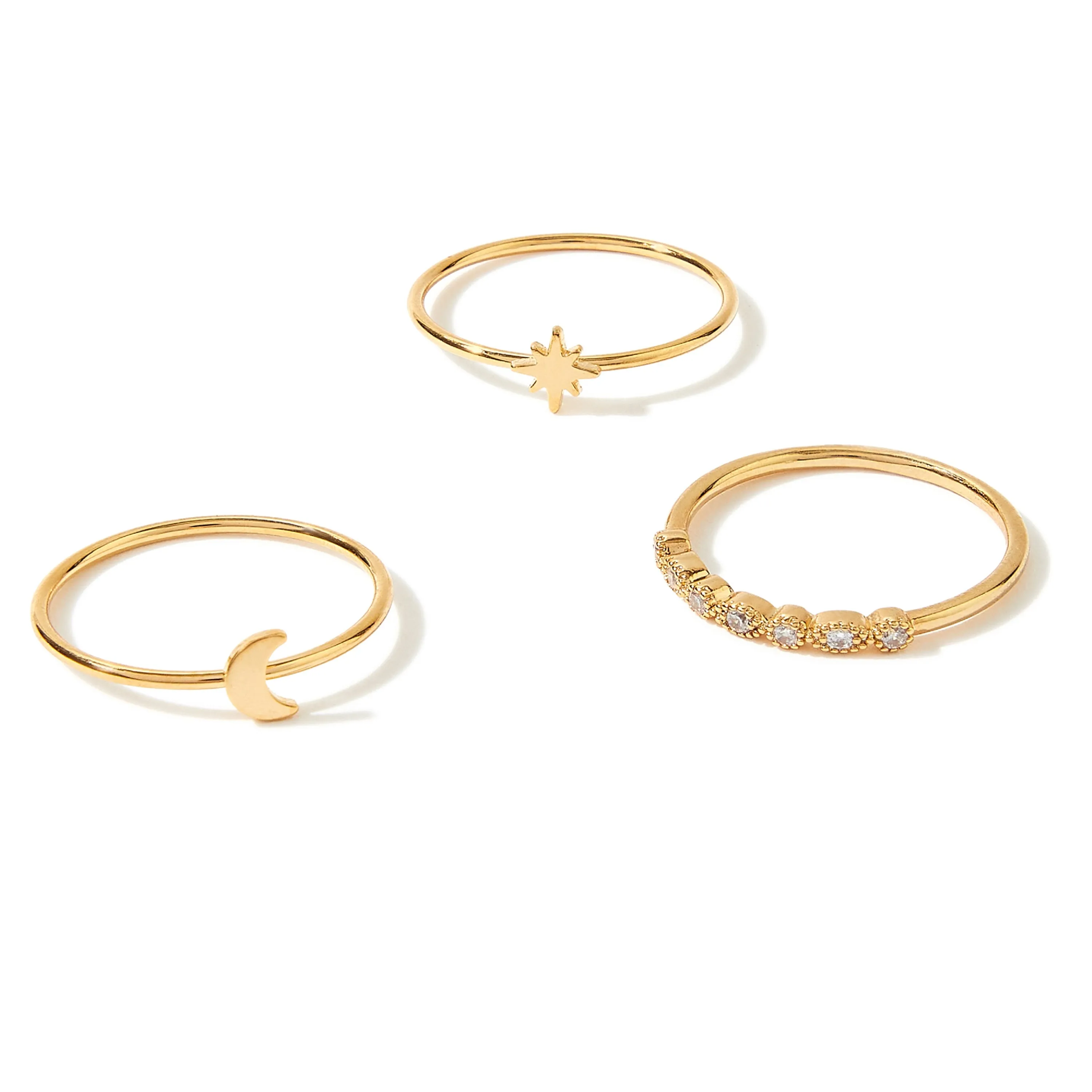 Real Gold Plated set of 3 Star Moon Sparkle Band Stacking Ring For Women By Accessorize London