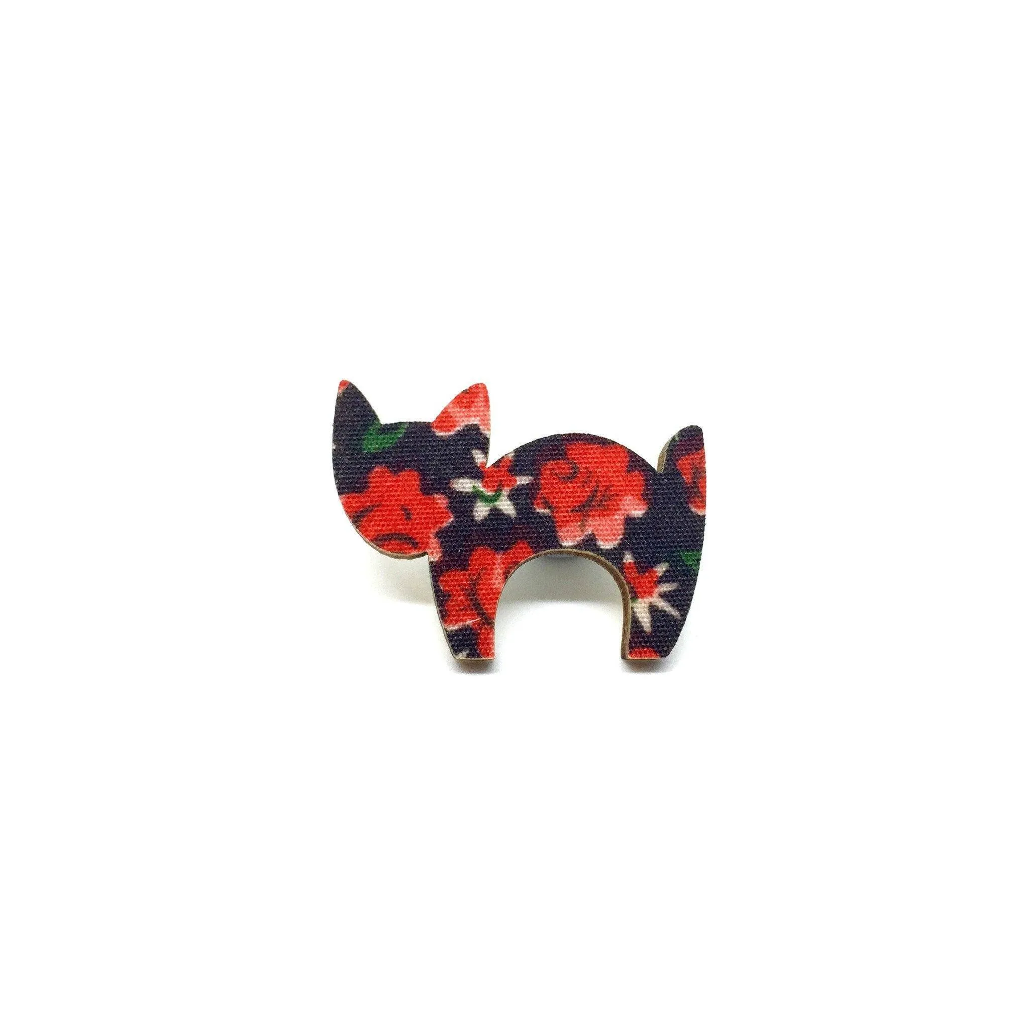 Red Floral Scaredy Cat Wooden Brooch