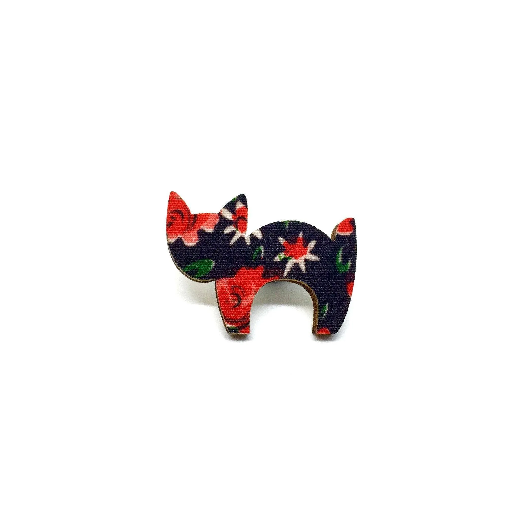 Red Floral Scaredy Cat Wooden Brooch