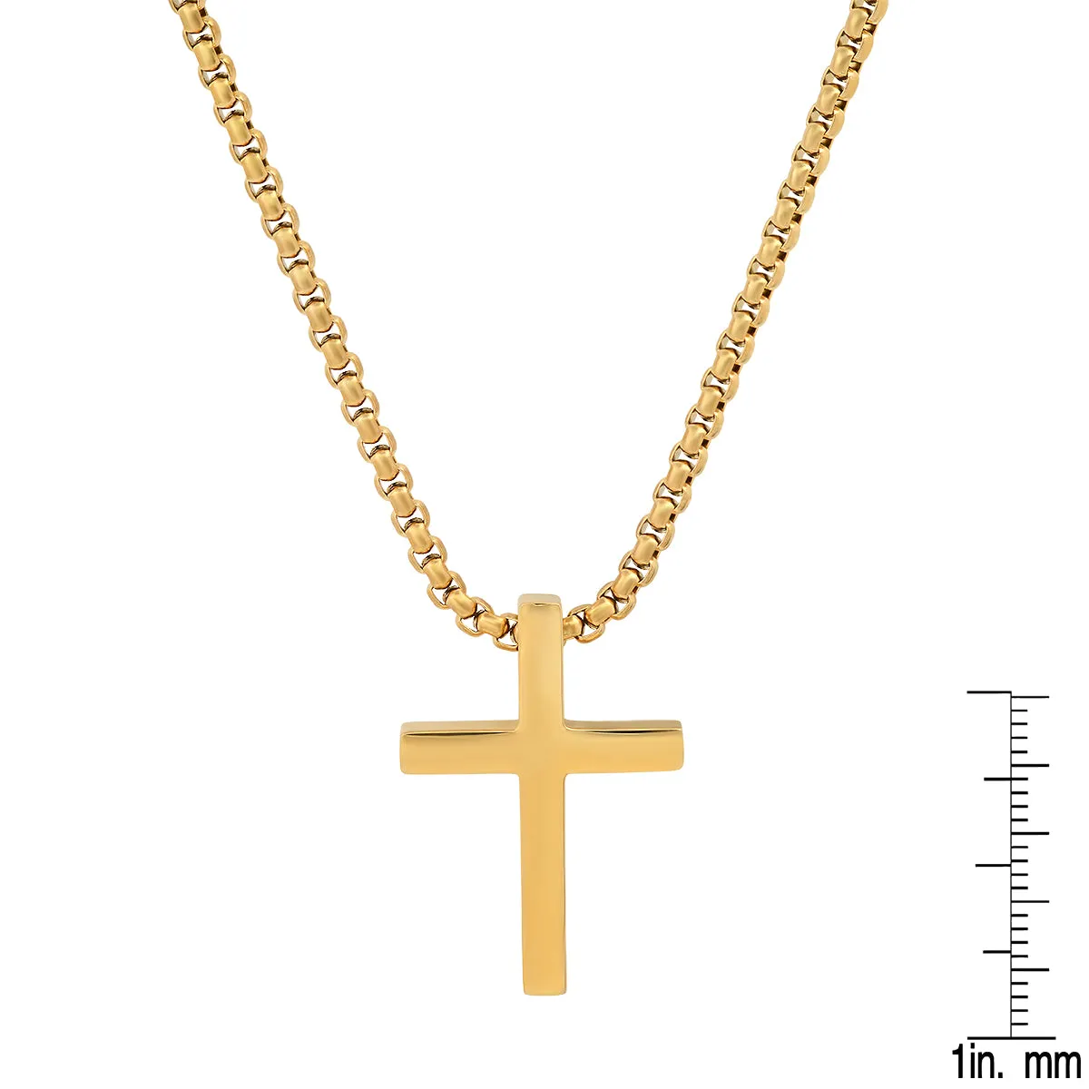 ROBUST Mens 18K Gold IP Stainless Steel Cross Pendant Necklace with 20 inch Round Box Chain