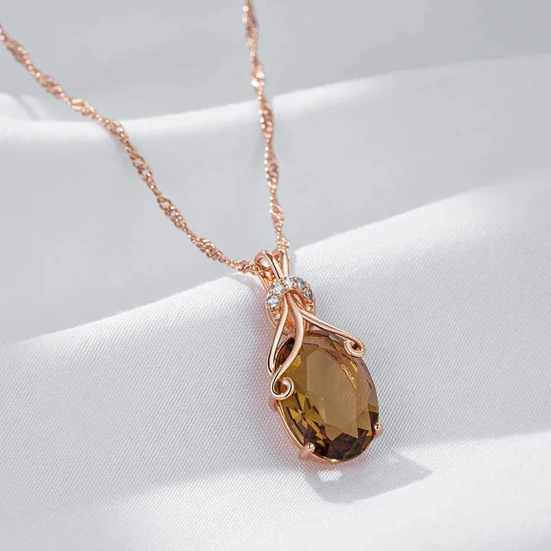 Rose Gold Big Oval Light Brown Zircon Pendant Necklace for Women