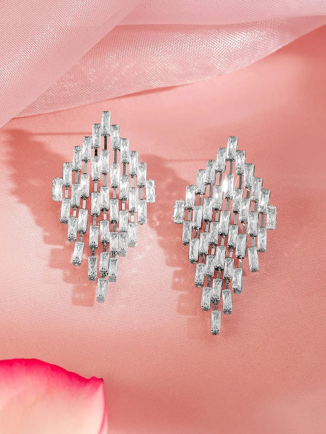 Rubans Rhodium-Plated Diamond-Shaped Cubic Zirconia Studded Drop Earrings