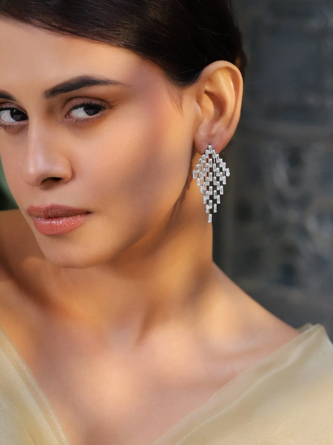 Rubans Rhodium-Plated Diamond-Shaped Cubic Zirconia Studded Drop Earrings