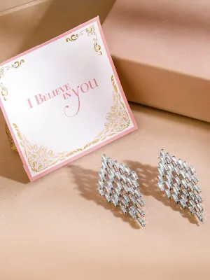 Rubans Rhodium-Plated Diamond-Shaped Cubic Zirconia Studded Drop Earrings