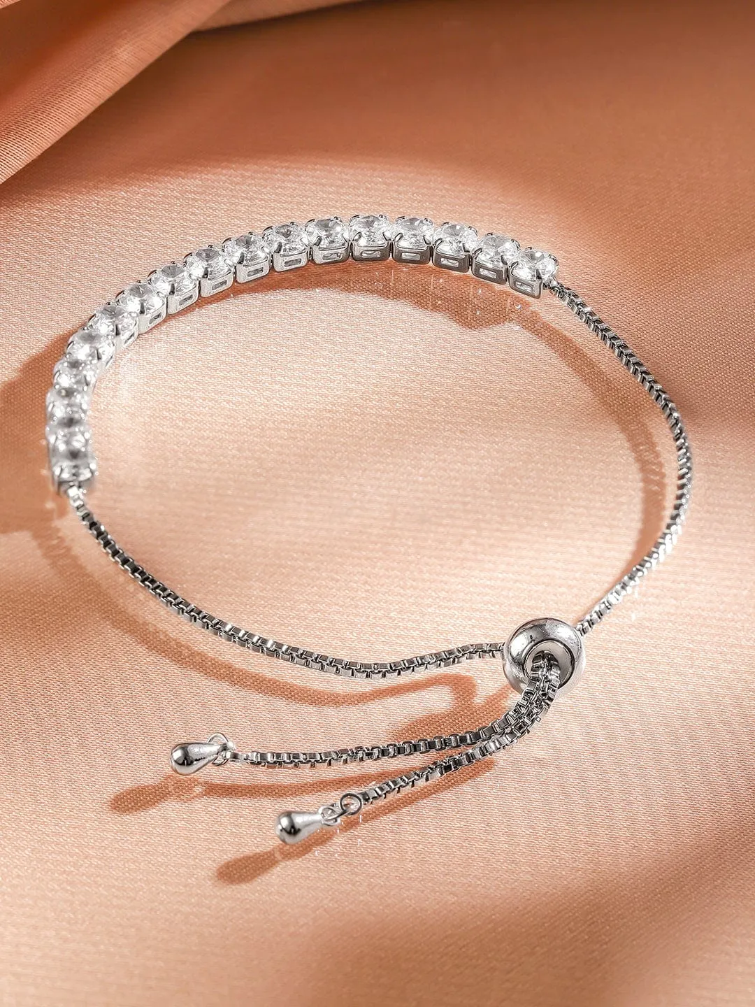 Rubans Rhodium-Plated White CubicZirconia Adjustable Pull Chain Bracelet Elegant & Stylish