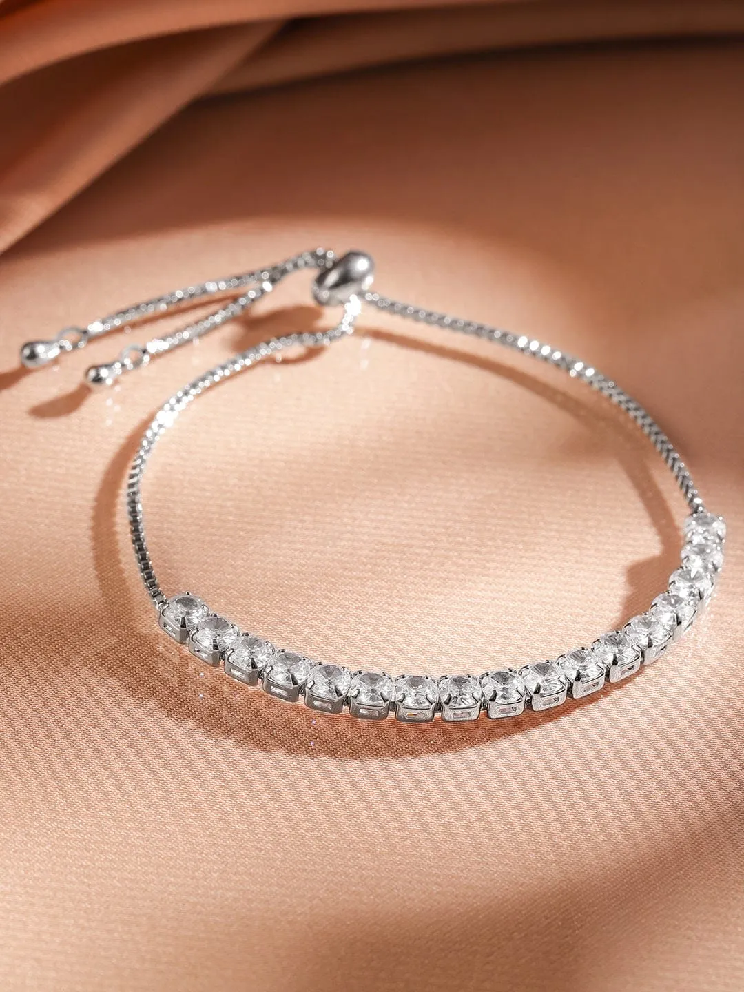 Rubans Rhodium-Plated White CubicZirconia Adjustable Pull Chain Bracelet Elegant & Stylish