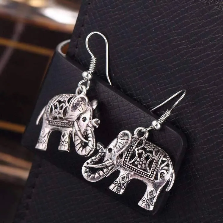 Sacred Elephant Openwork Dangling Hook Earrings
