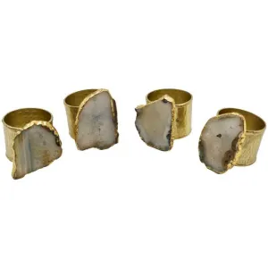 SET OF 4 NAPKIN RINGS AGATE & STAINLESS STEEL GOLD & WHITE 3.5x4.5x5cm
