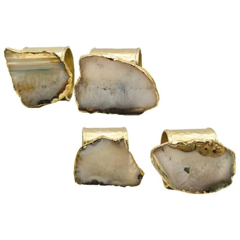 SET OF 4 NAPKIN RINGS AGATE & STAINLESS STEEL GOLD & WHITE 3.5x4.5x5cm