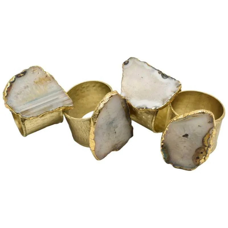 SET OF 4 NAPKIN RINGS AGATE & STAINLESS STEEL GOLD & WHITE 3.5x4.5x5cm