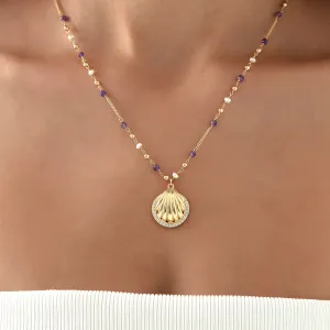 Shell Necklace  Gold-Plated Silver with Pearl - Amethyst Chain