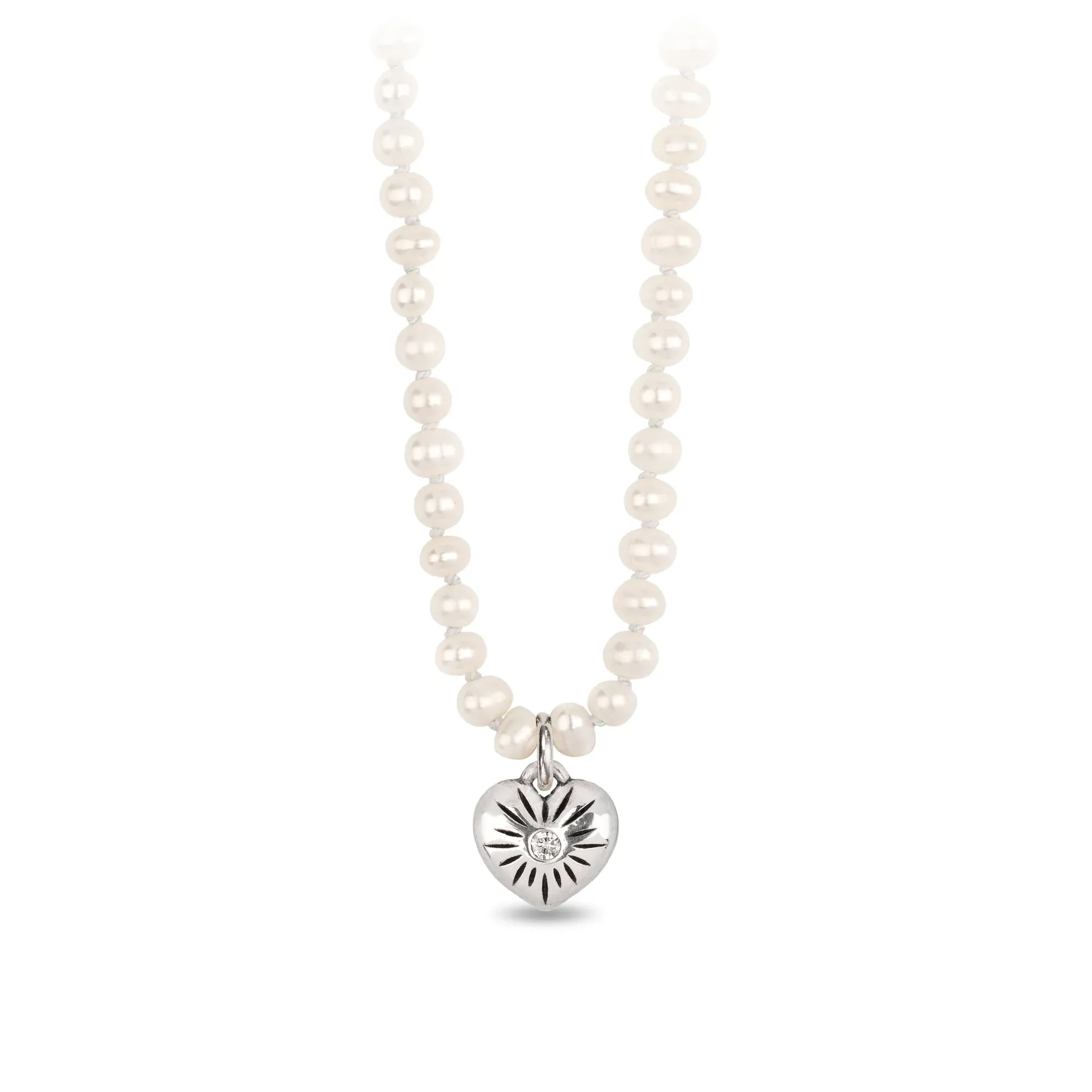 Small Puffed Heart Diamond Set Knotted Freshwater Pearl Necklace