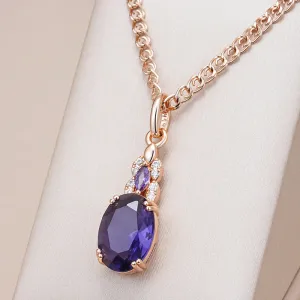 Sparkling Purple Oval Zircon Pendant Necklace  Rose Gold Vintage Jewelry for Women