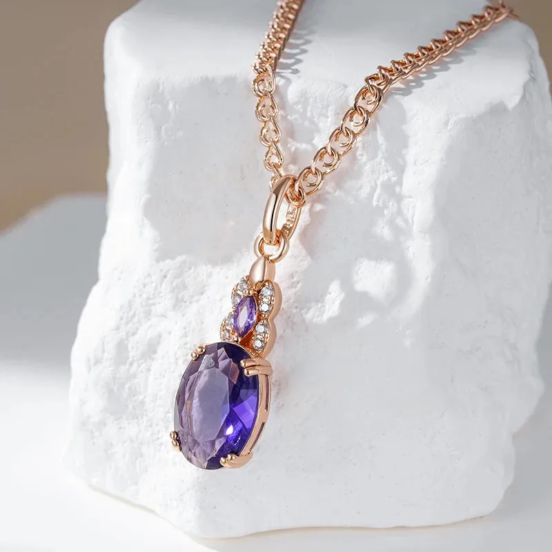 Sparkling Purple Oval Zircon Pendant Necklace  Rose Gold Vintage Jewelry for Women