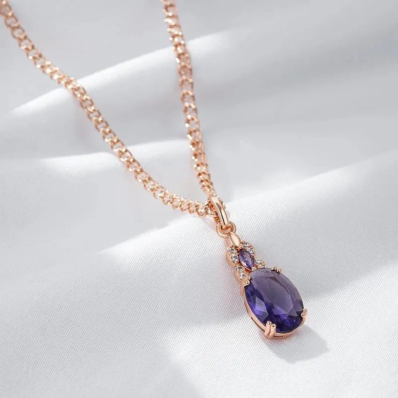 Sparkling Purple Oval Zircon Pendant Necklace  Rose Gold Vintage Jewelry for Women