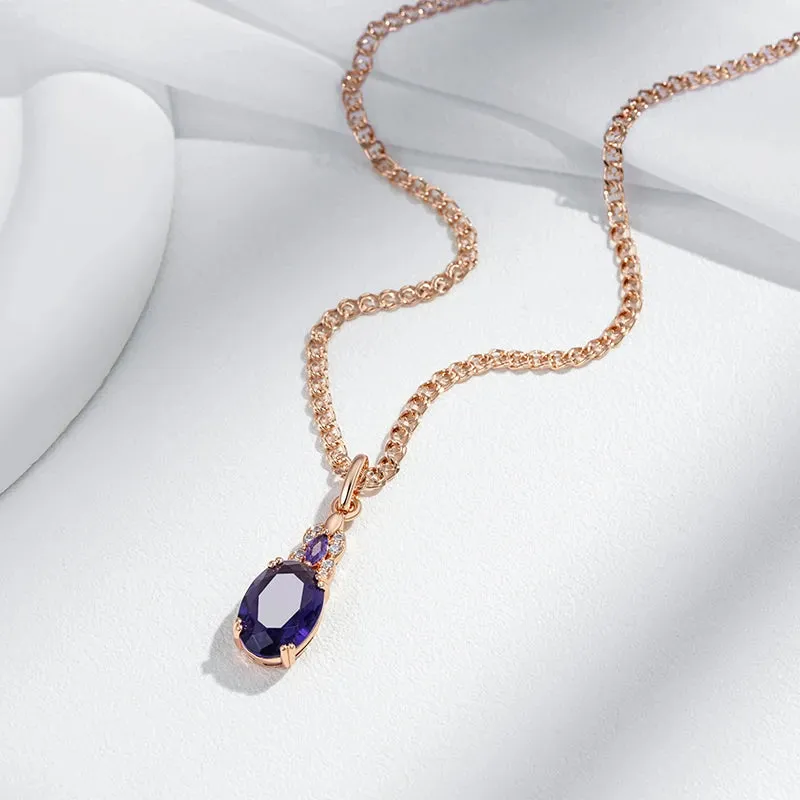 Sparkling Purple Oval Zircon Pendant Necklace  Rose Gold Vintage Jewelry for Women