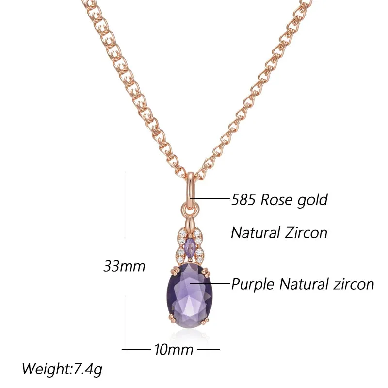 Sparkling Purple Oval Zircon Pendant Necklace  Rose Gold Vintage Jewelry for Women