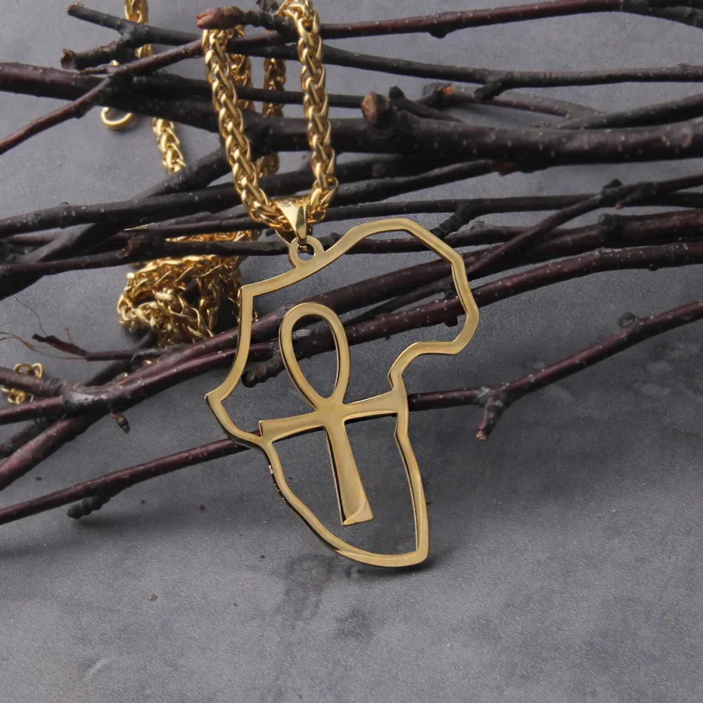 Stainless Steel Africa Map & Ankh Cross Pendant Viking Necklace