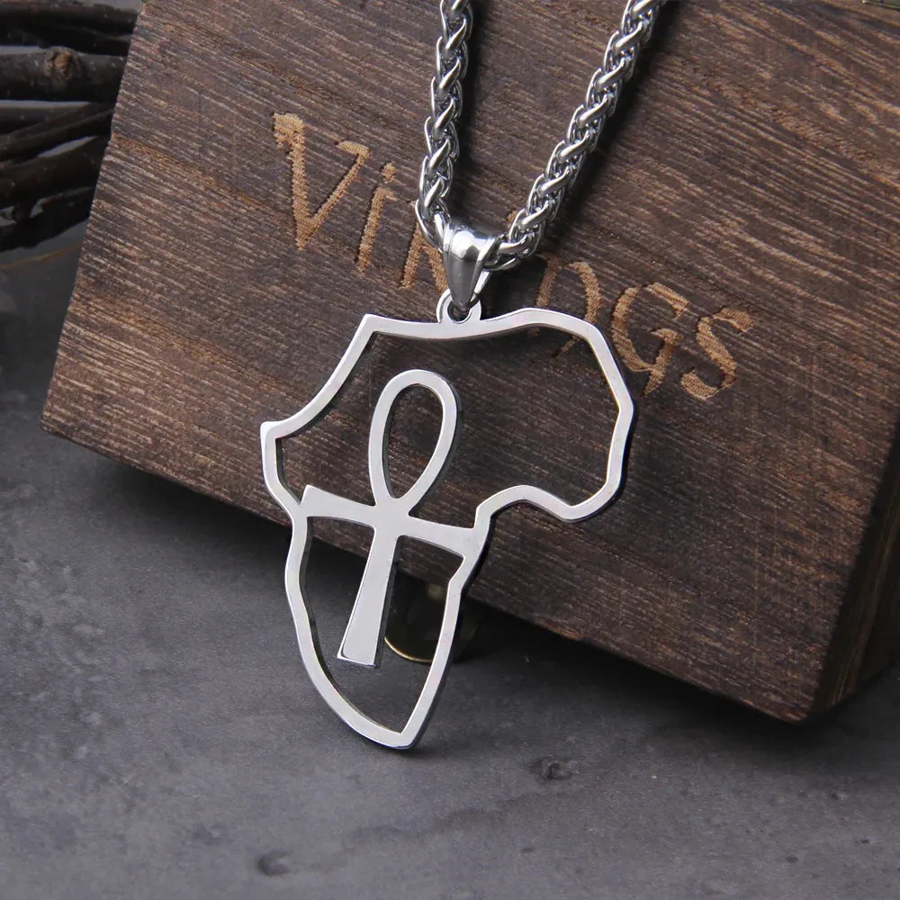 Stainless Steel Africa Map & Ankh Cross Pendant Viking Necklace