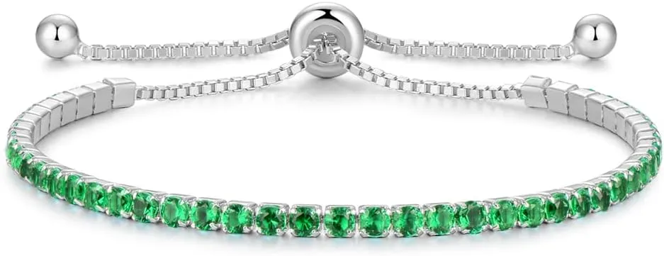Sterling Silver Birthstone Tennis Bracelets for Women 2.5mm Tennis Bolo Bracelet Fashion Jewelry Birthday Gifts for Women Mom Wife | Adjustable Size 9"
