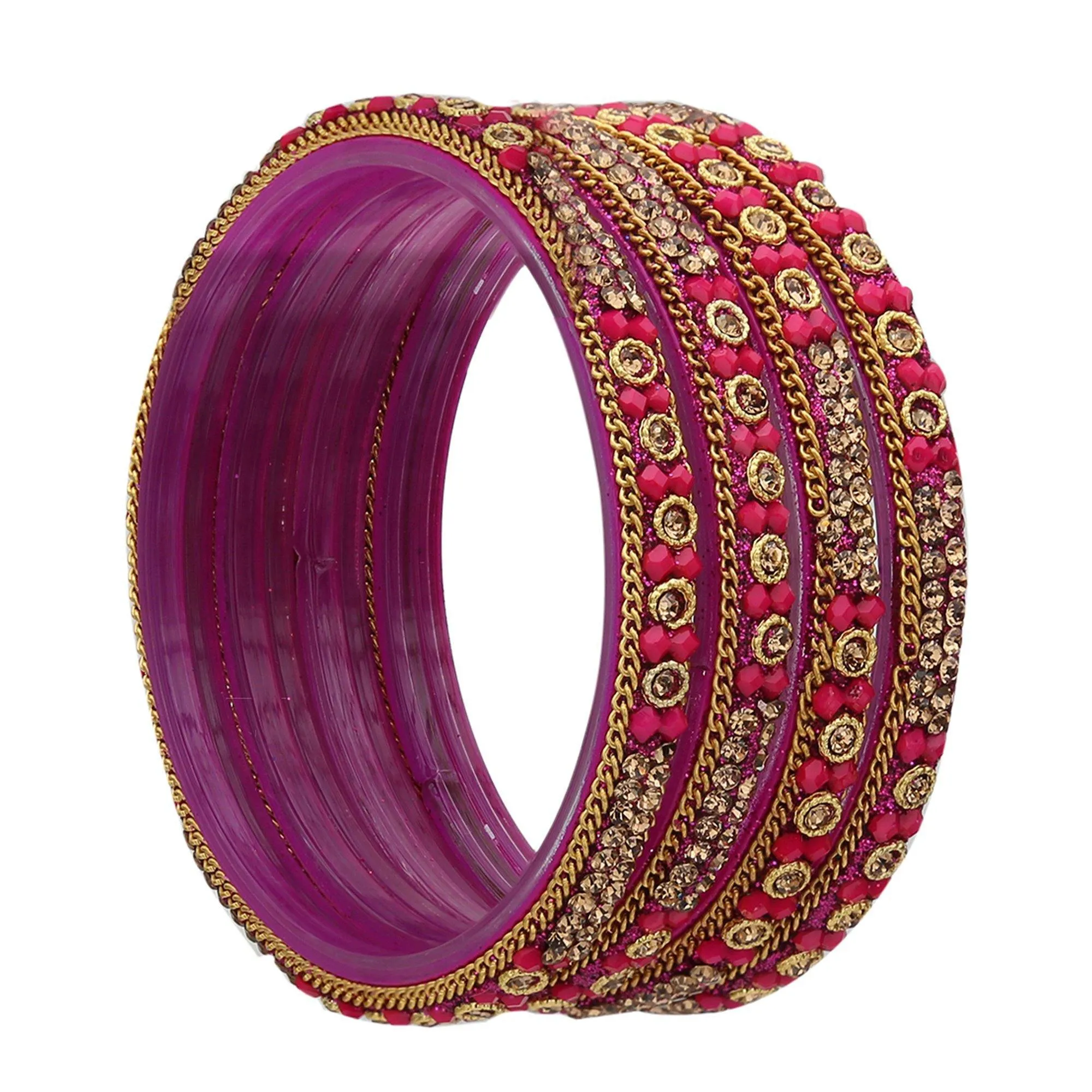 Sukriti Handcrafted Glossy Zircon Crystal Glass Magenta Bangles for Women – Set of 4