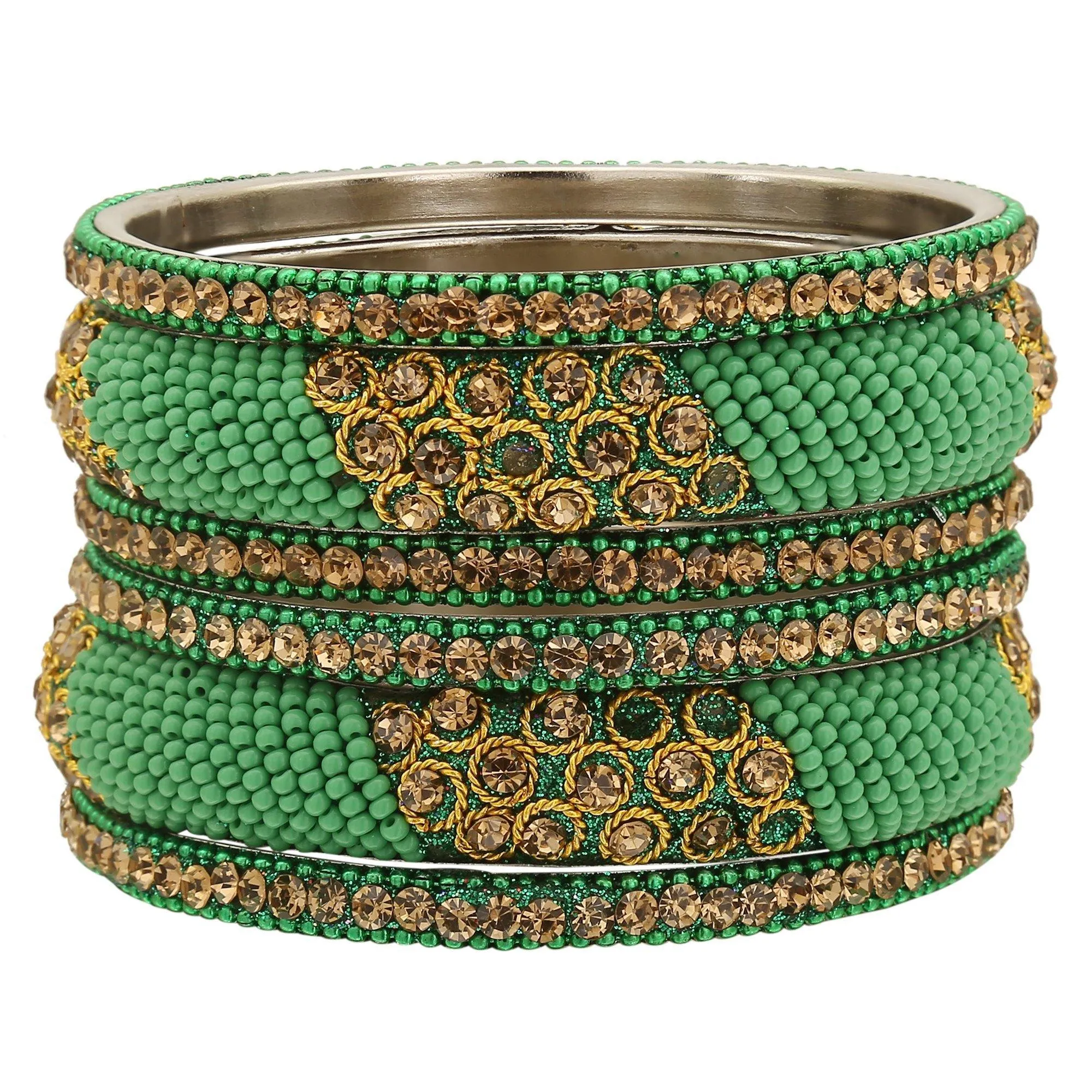 Sukriti Indian Stylish Beads Studded Brass Green Bangles Bollywood Jewelry for Women - Set of 6