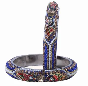 Sukriti Indian Stylish Peacock Embellished Blue Brass Bangles for Women & Girls - Set of 2
