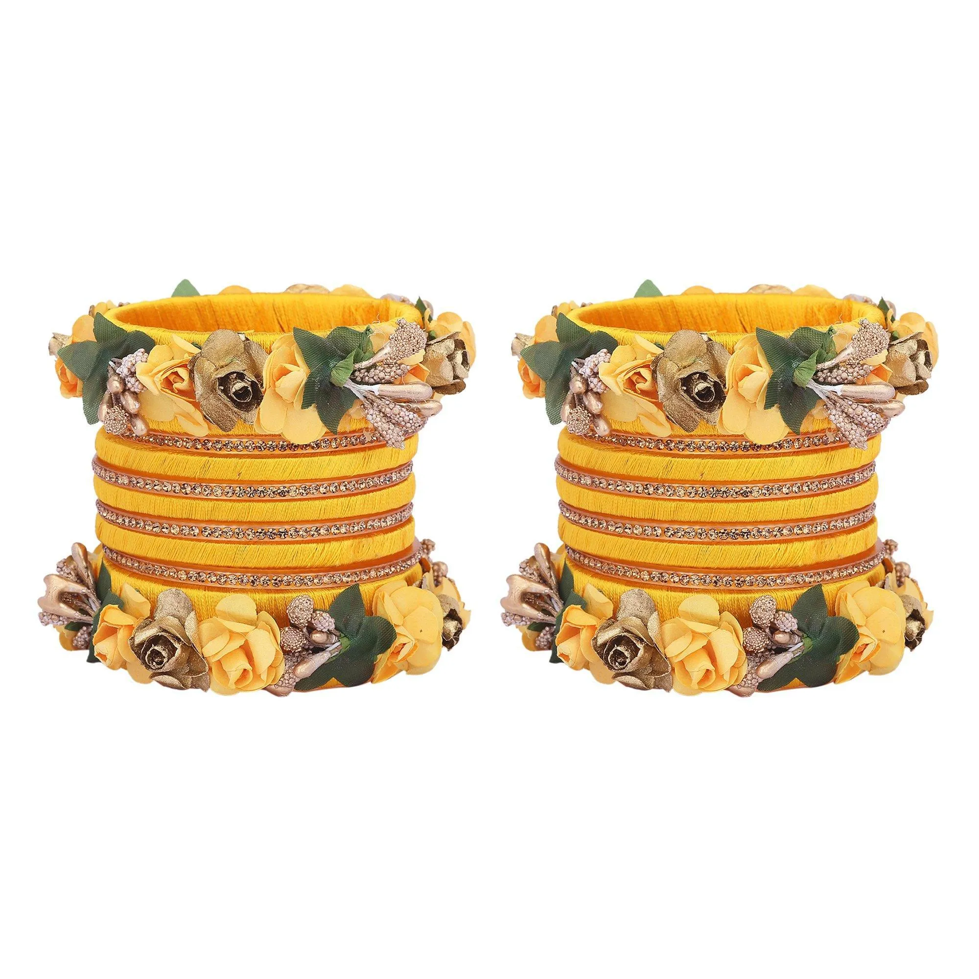 Sukriti Stylish Designer Party Wedding wear Flower Silk Thread Yellow Bangles for Girls & Women – Set of 18