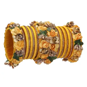 Sukriti Stylish Designer Party Wedding wear Flower Silk Thread Yellow Bangles for Girls & Women – Set of 18