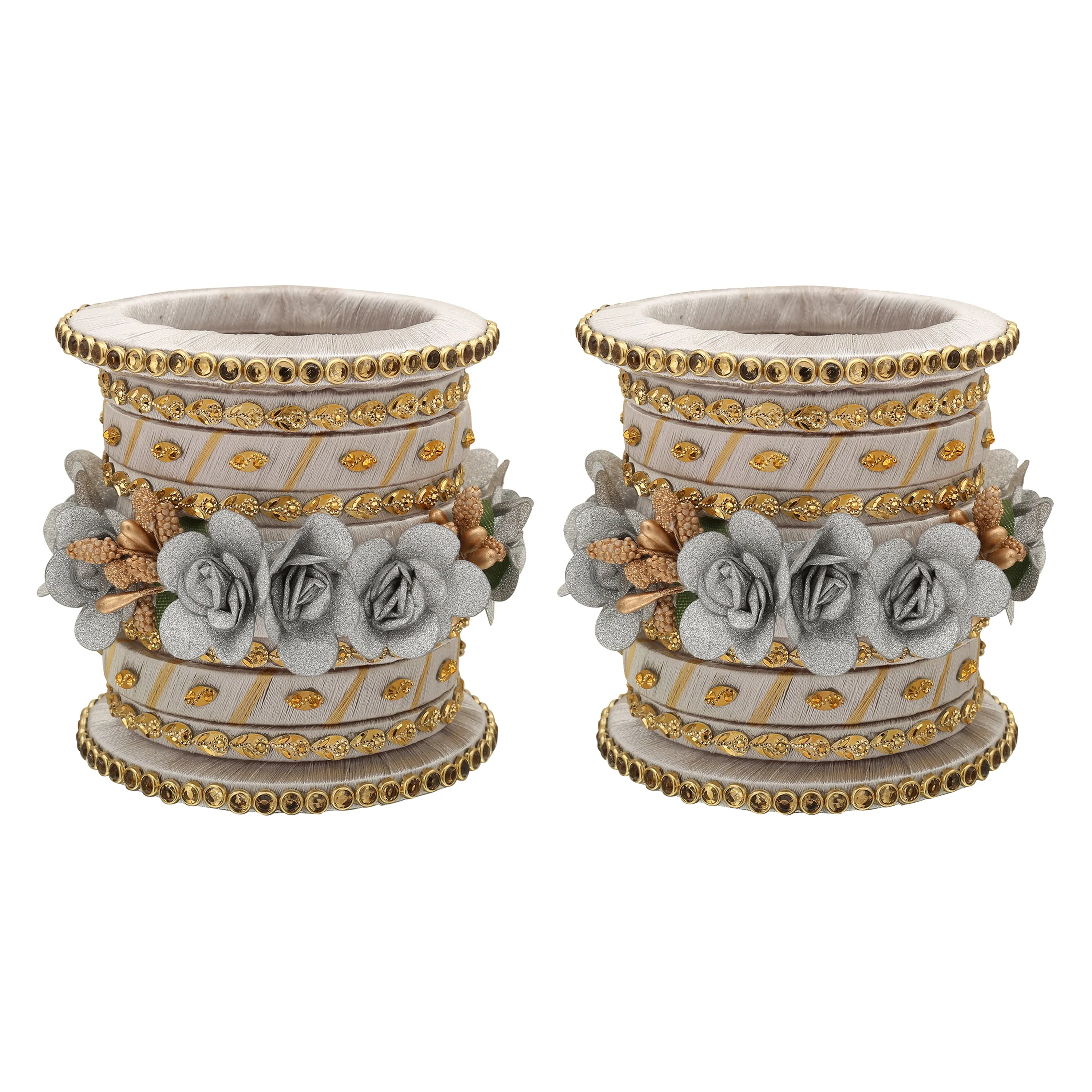 Sukriti Stylish Handmade Grey Flower Designer Silk thread Plastic Bridal Chuda Wedding Bangles for Women – Set of 18