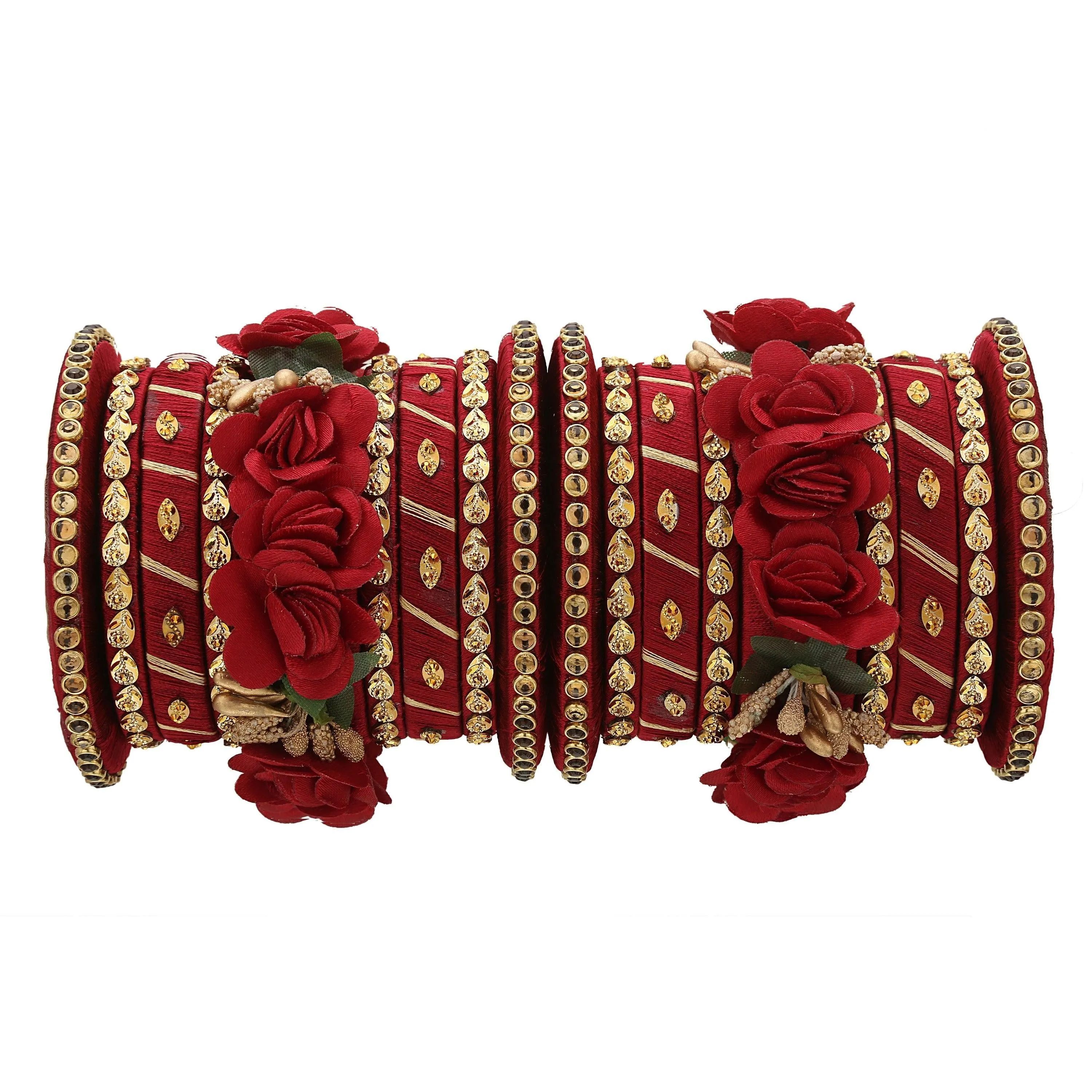 Sukriti Stylish Handmade Maroon Flower Designer Silk thread Plastic Bridal Chuda Wedding Bangles for Women – Set of 18
