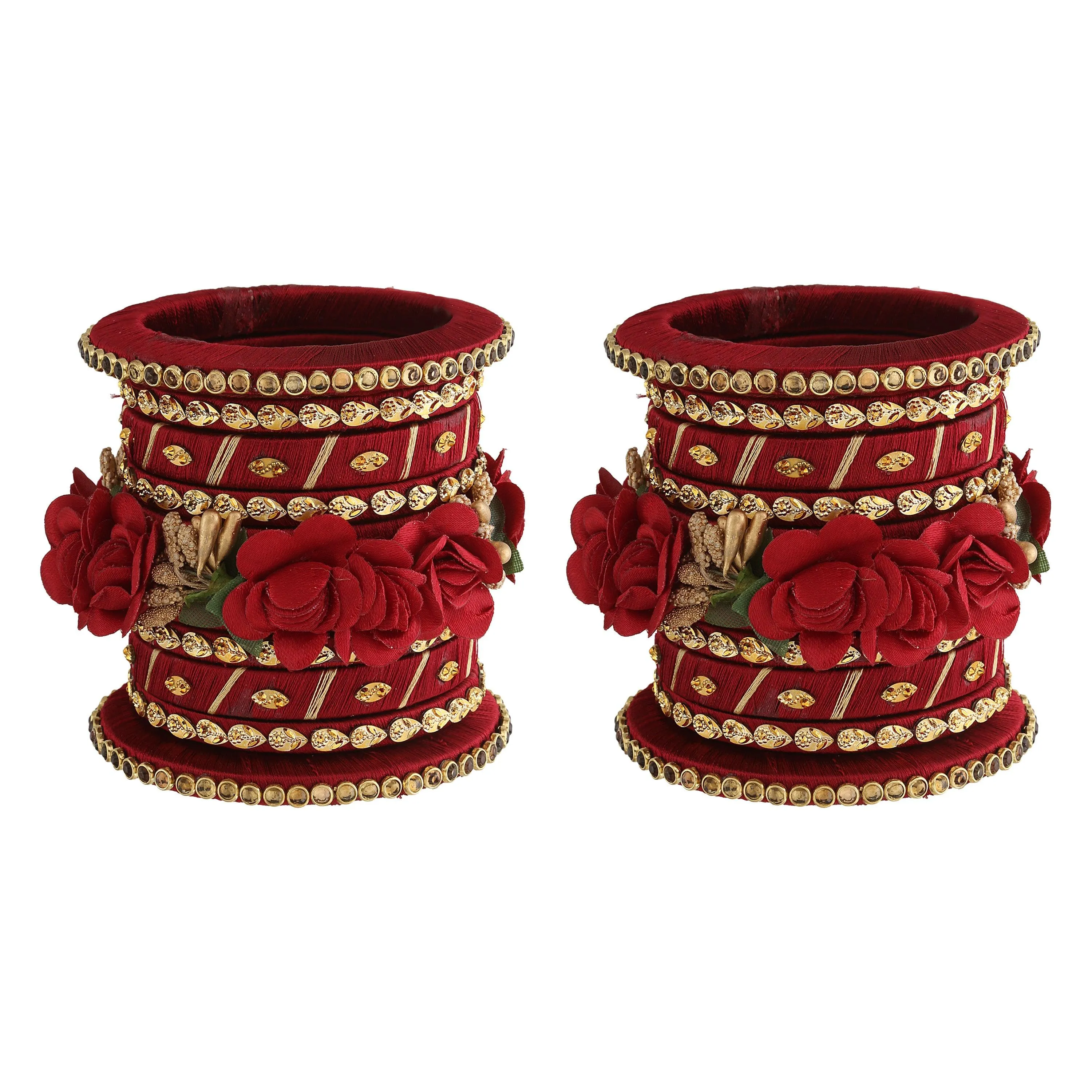 Sukriti Stylish Handmade Maroon Flower Designer Silk thread Plastic Bridal Chuda Wedding Bangles for Women – Set of 18