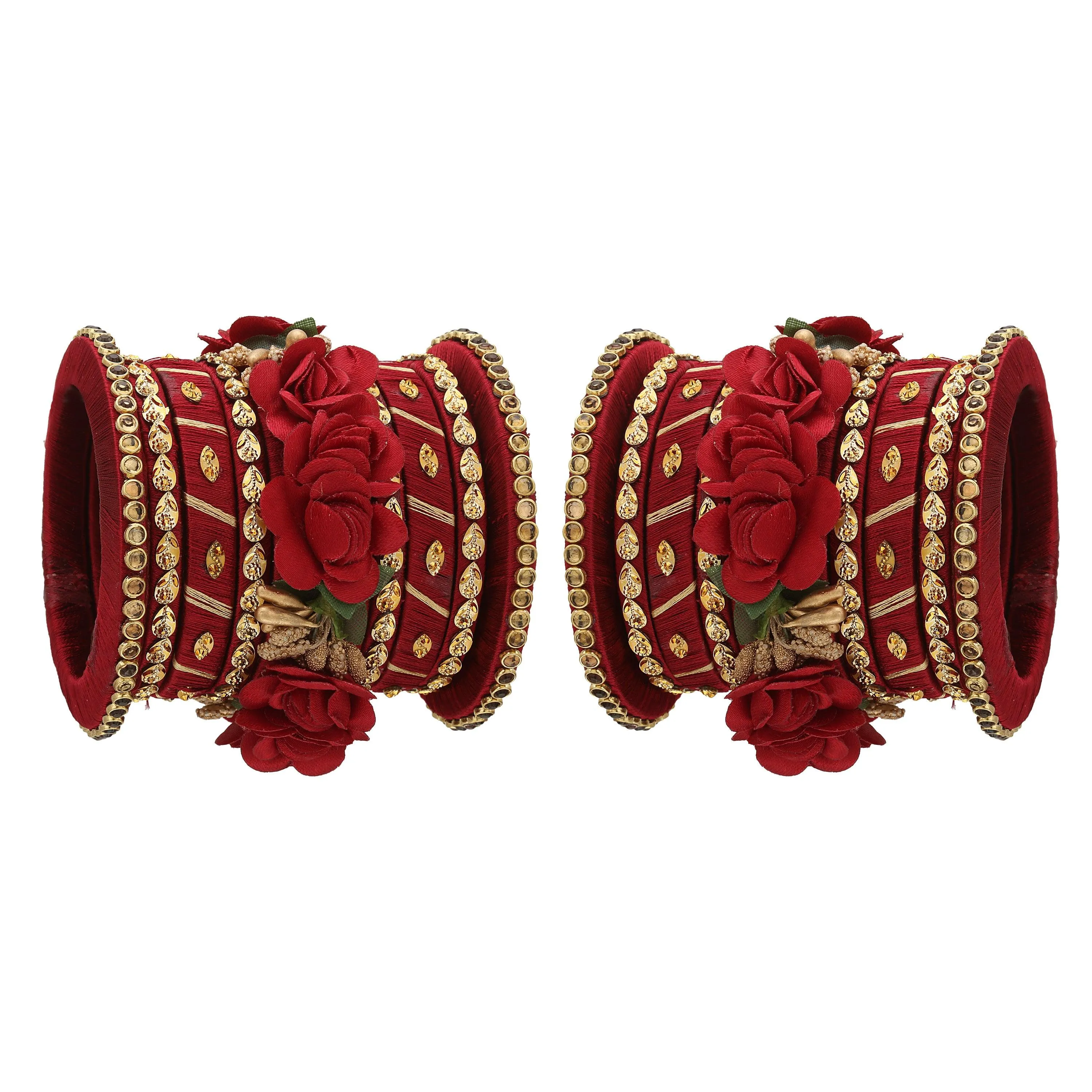 Sukriti Stylish Handmade Maroon Flower Designer Silk thread Plastic Bridal Chuda Wedding Bangles for Women – Set of 18