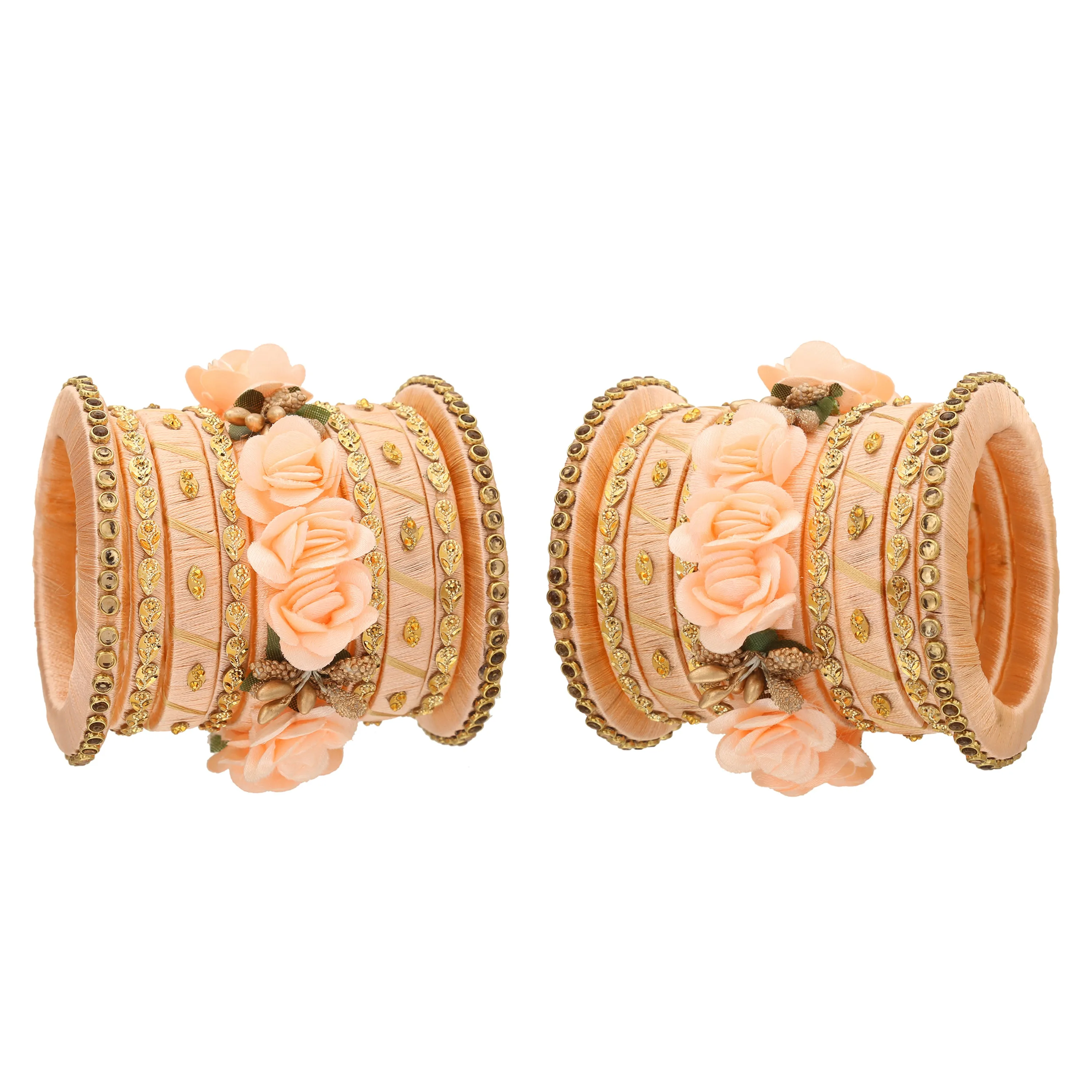 Sukriti Stylish Handmade Peach Flower Designer Silk thread Plastic Bridal Chuda Wedding Bangles for Women – Set of 18