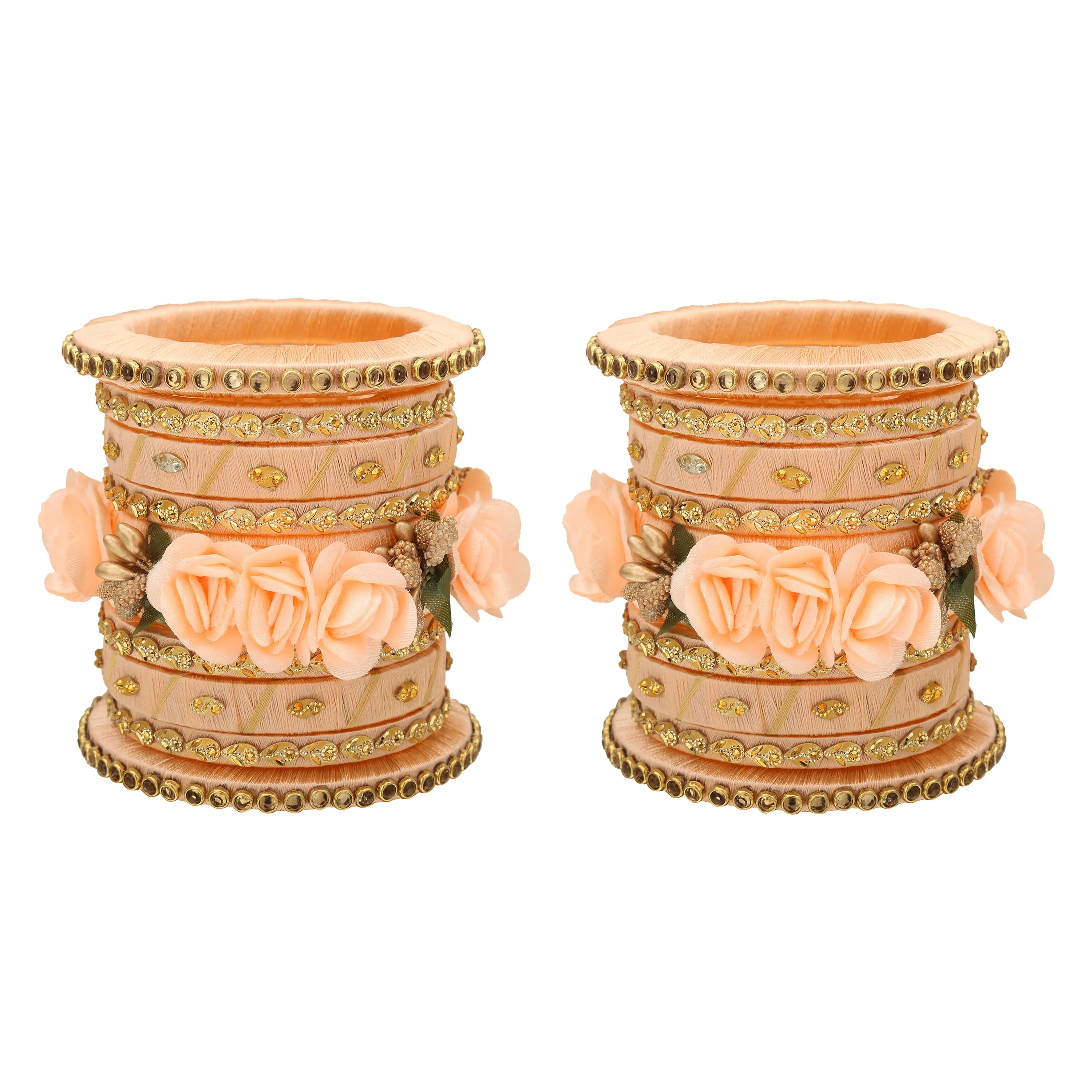 Sukriti Stylish Handmade Peach Flower Designer Silk thread Plastic Bridal Chuda Wedding Bangles for Women – Set of 18