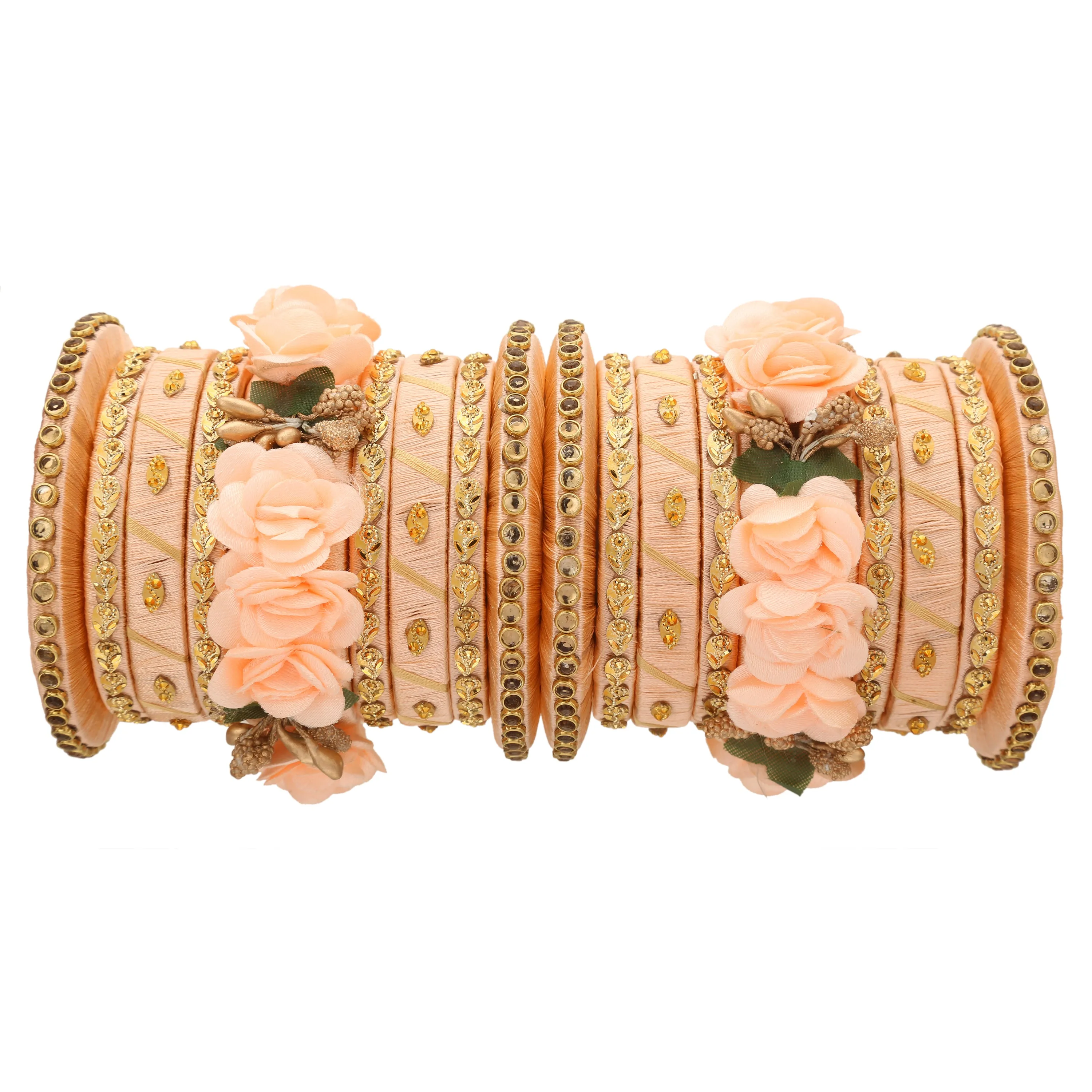 Sukriti Stylish Handmade Peach Flower Designer Silk thread Plastic Bridal Chuda Wedding Bangles for Women – Set of 18