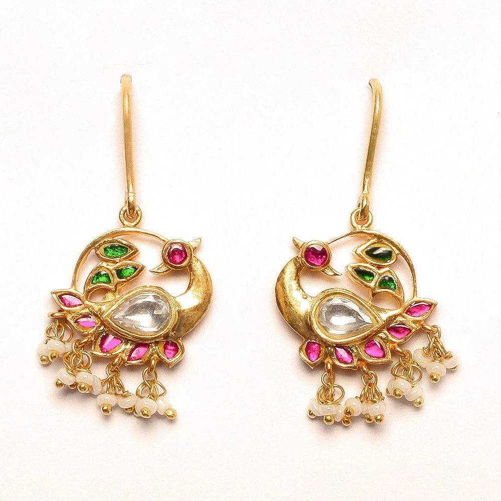 Swan Motif Kundan Dangling Earrings In 92.5 Sterling Silver