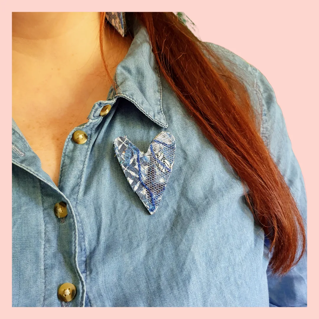Unique Fabric brooch, blue upcycled fabric inspired by 1986 Madonna