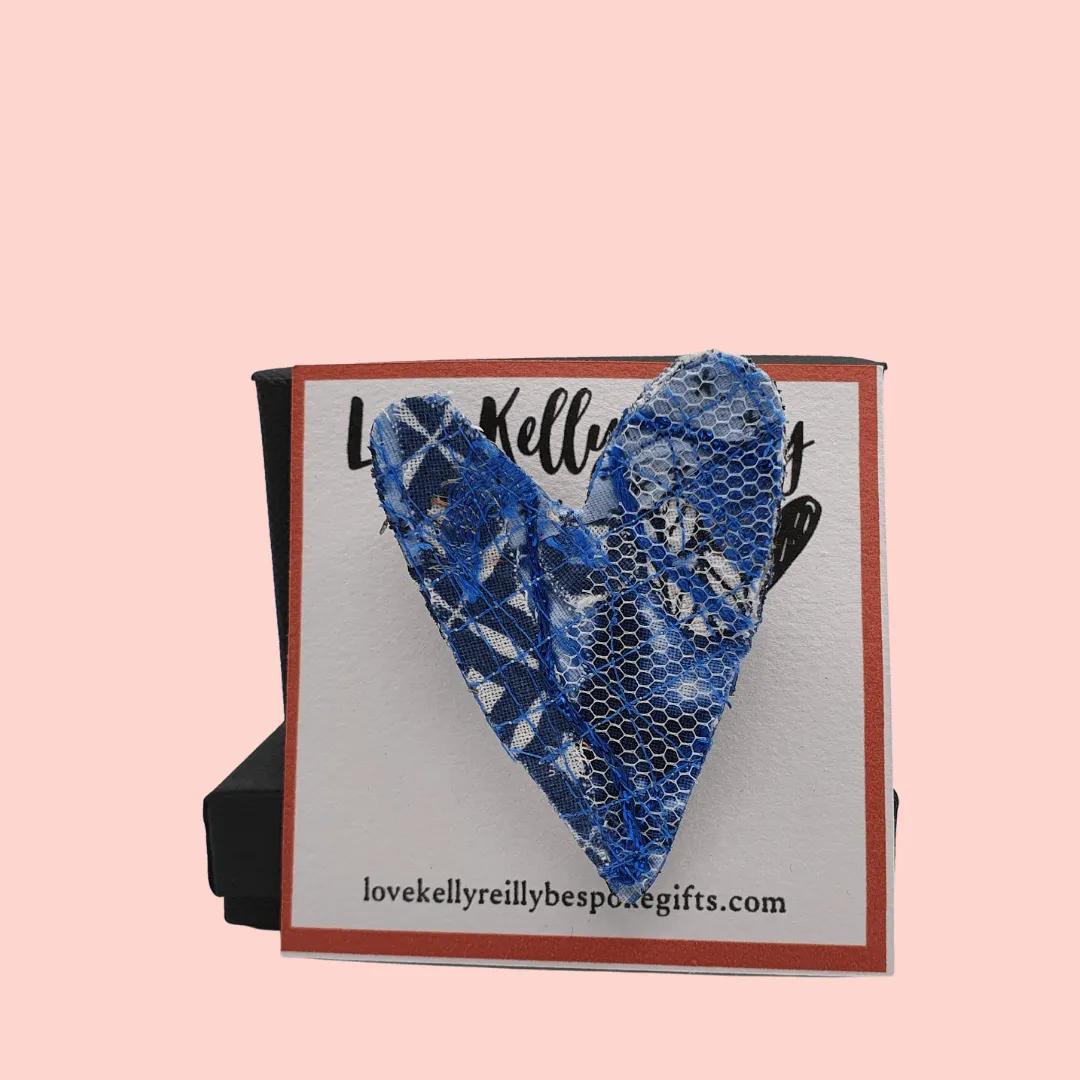 Unique Fabric brooch, blue upcycled fabric inspired by 1986 Madonna