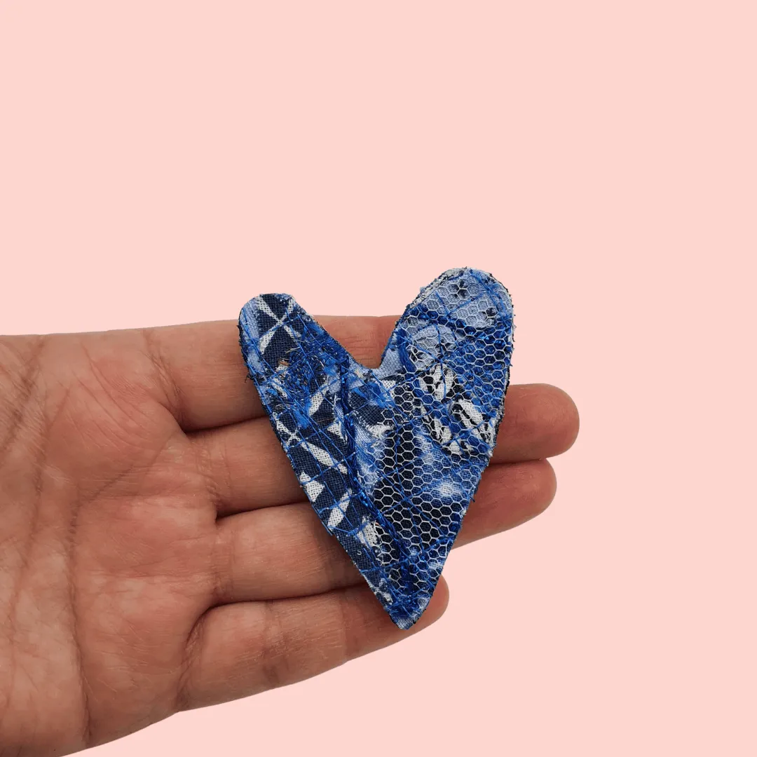 Unique Fabric brooch, blue upcycled fabric inspired by 1986 Madonna