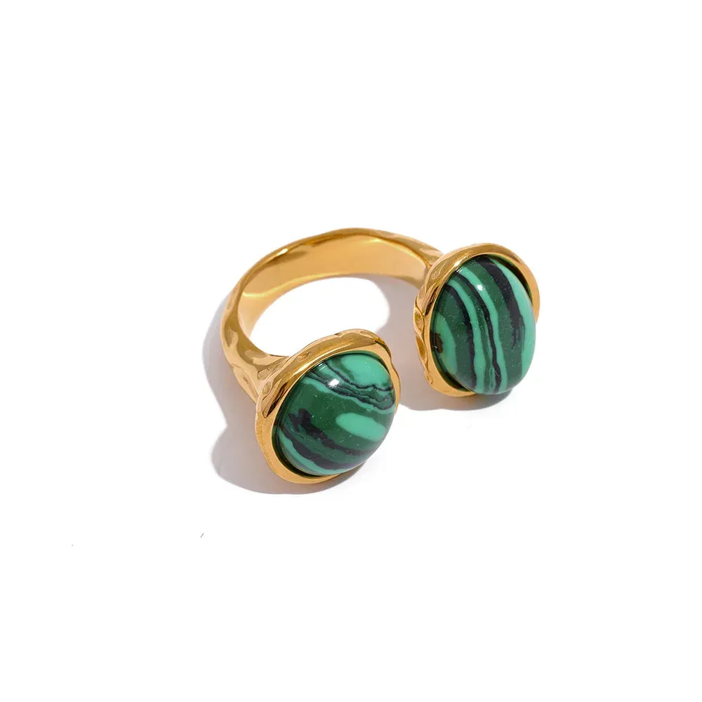 VAIGE Size 7 Vintage Natural Stone Geometric Big Ring with PVD Gold Plating and Red Agate/Malachite/Turquoise