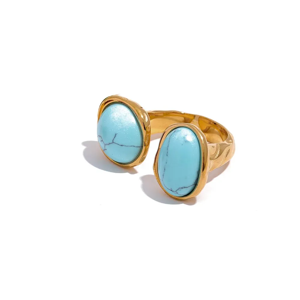 VAIGE Size 7 Vintage Natural Stone Geometric Big Ring with PVD Gold Plating and Red Agate/Malachite/Turquoise