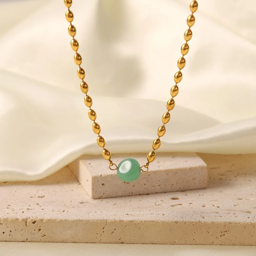 Vintage Stainless Steel 18K Gold Plated Jewelry Set Green Natural Stone Oval Golden Bead Bracelet Necklace