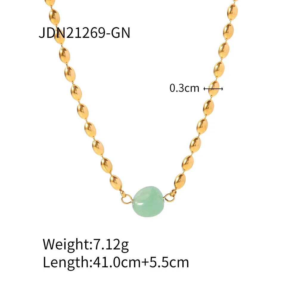 Vintage Stainless Steel 18K Gold Plated Jewelry Set Green Natural Stone Oval Golden Bead Bracelet Necklace